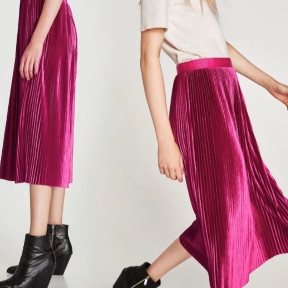 Zara Hot Pink Faux Velvet Accordion Pleated MIDI Skirt Small